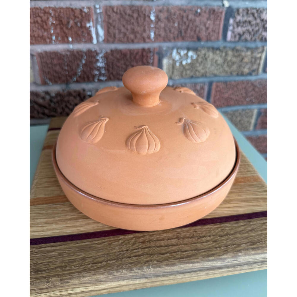 Vintage Large Terra Cotta Garlic Roaster with Glazed Base and Lid